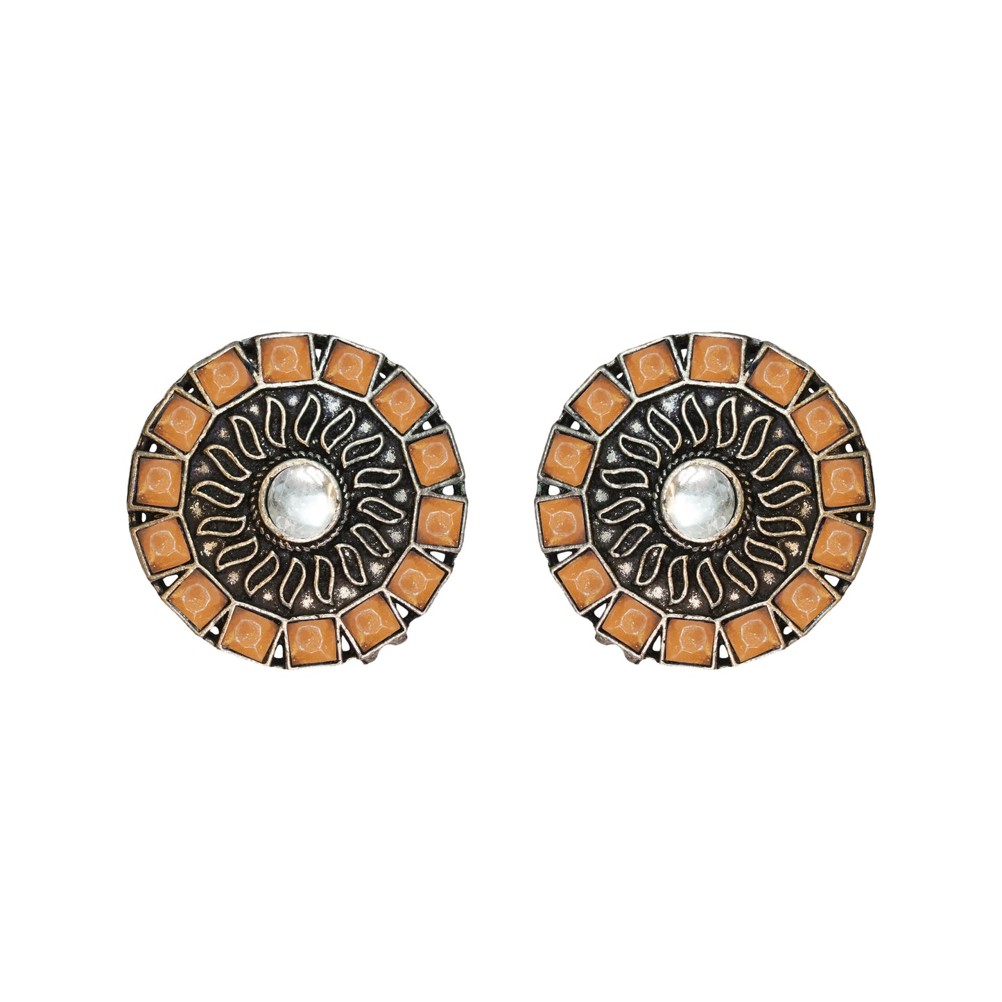 Light Orangish Stone Studded Beautiful Oxidised Stud Earrings