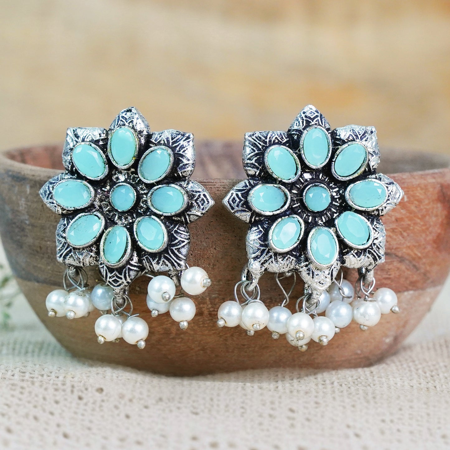 Mint Stone Studded Oxidised Earrings With Hanging Pearls