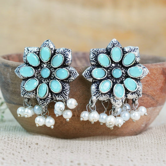 Mint Stone Studded Oxidised Earrings With Hanging Pearls
