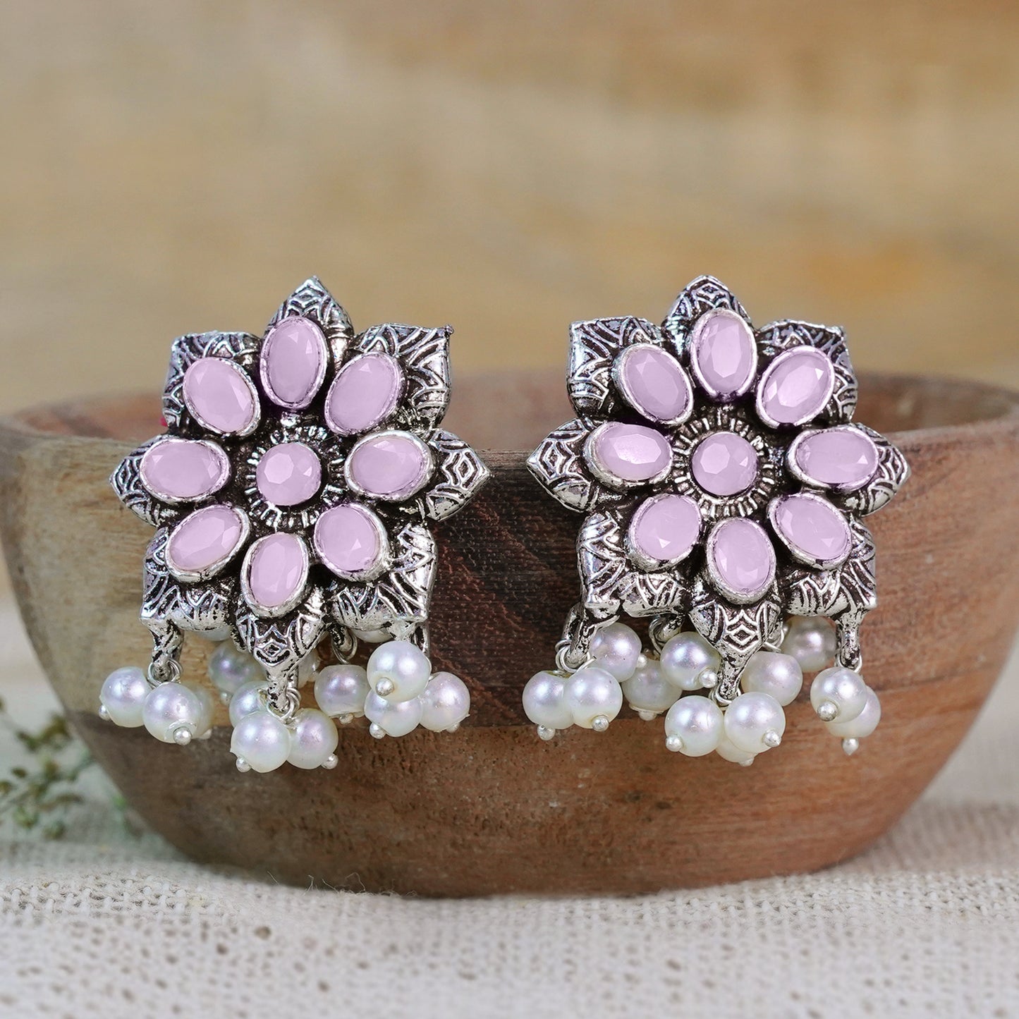 Baby Pink Stone Stone Studded Oxidised Earrings With Hanging Pearls