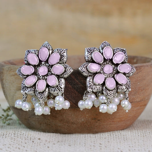 Baby Pink Stone Stone Studded Oxidised Earrings With Hanging Pearls