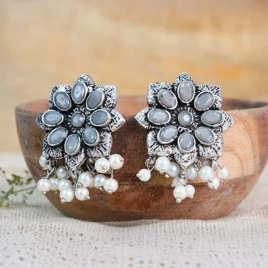 Grey Stone Studded Oxidised Earrings With Hanging Pearls