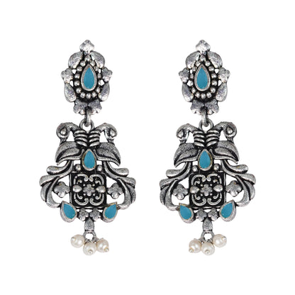 Mint Stone Studded Oxidised Earrings With Hanging Pearls