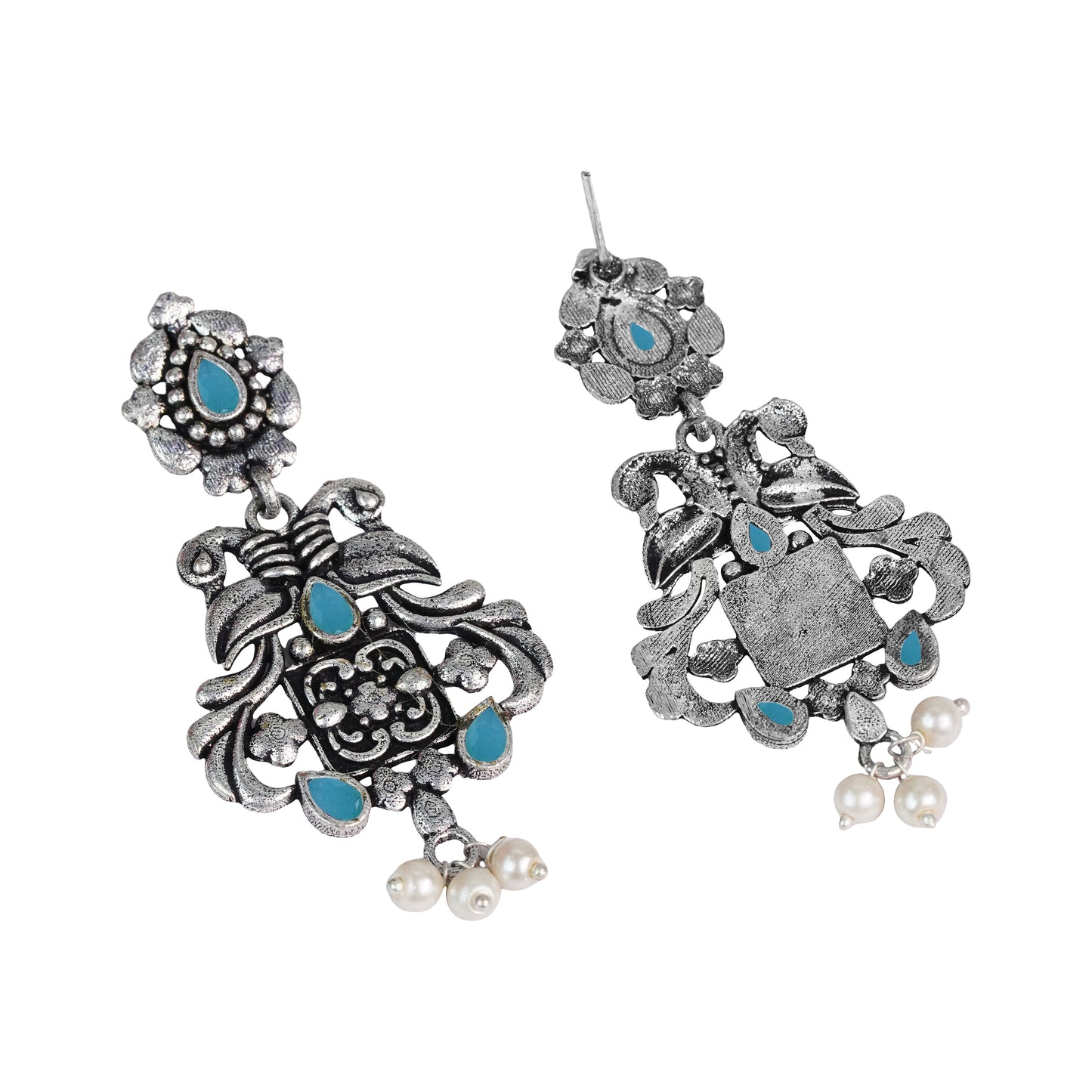 Mint Stone Studded Oxidised Earrings With Hanging Pearls