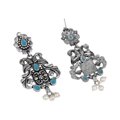 Mint Stone Studded Oxidised Earrings With Hanging Pearls