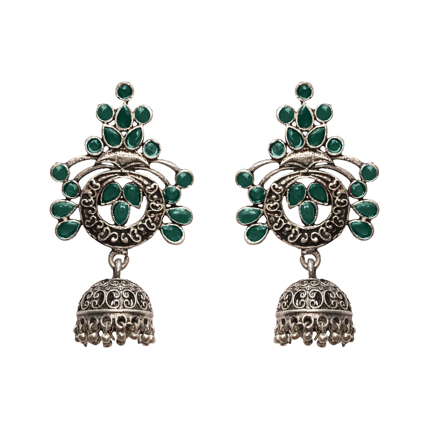 Multi Colored Stone Studded Oxidised Earrings With Hanging Jhumka