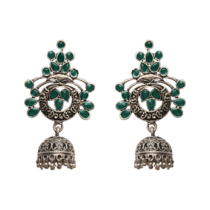 Multi Colored Stone Studded Oxidised Earrings With Hanging Jhumka