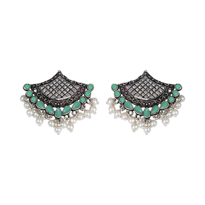 Pista Stone Studded Lotus Petal Shaped Oxidised Earrings With Hanging Line Of Pearl