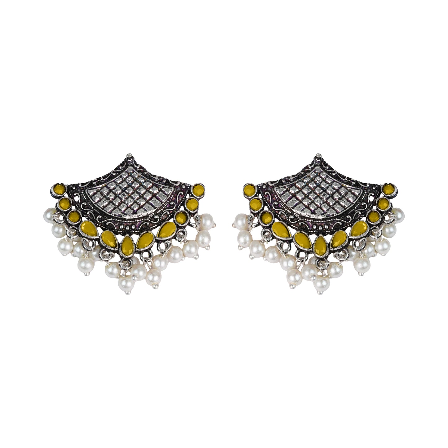 Yellow Stone Studded Lotus Petal Shaped Oxidised Earrings With Hanging Line Of Pearl