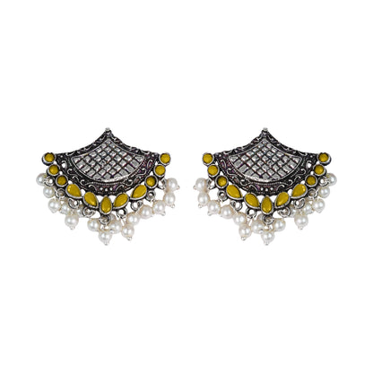 Yellow Stone Studded Lotus Petal Shaped Oxidised Earrings With Hanging Line Of Pearl