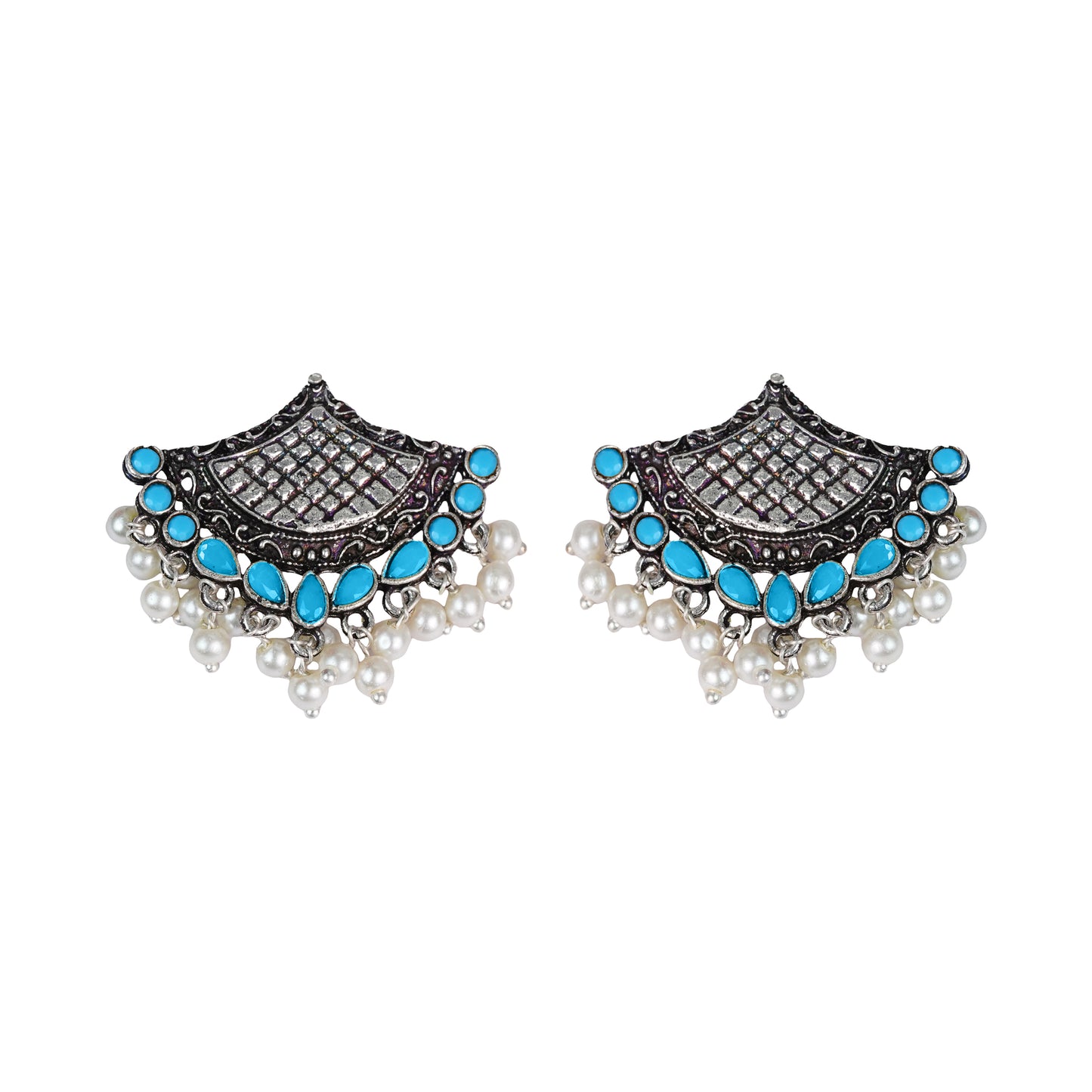 Sky Blue Stone Studded Lotus Petal Shaped Oxidised Earrings With Hanging Line Of Pearl