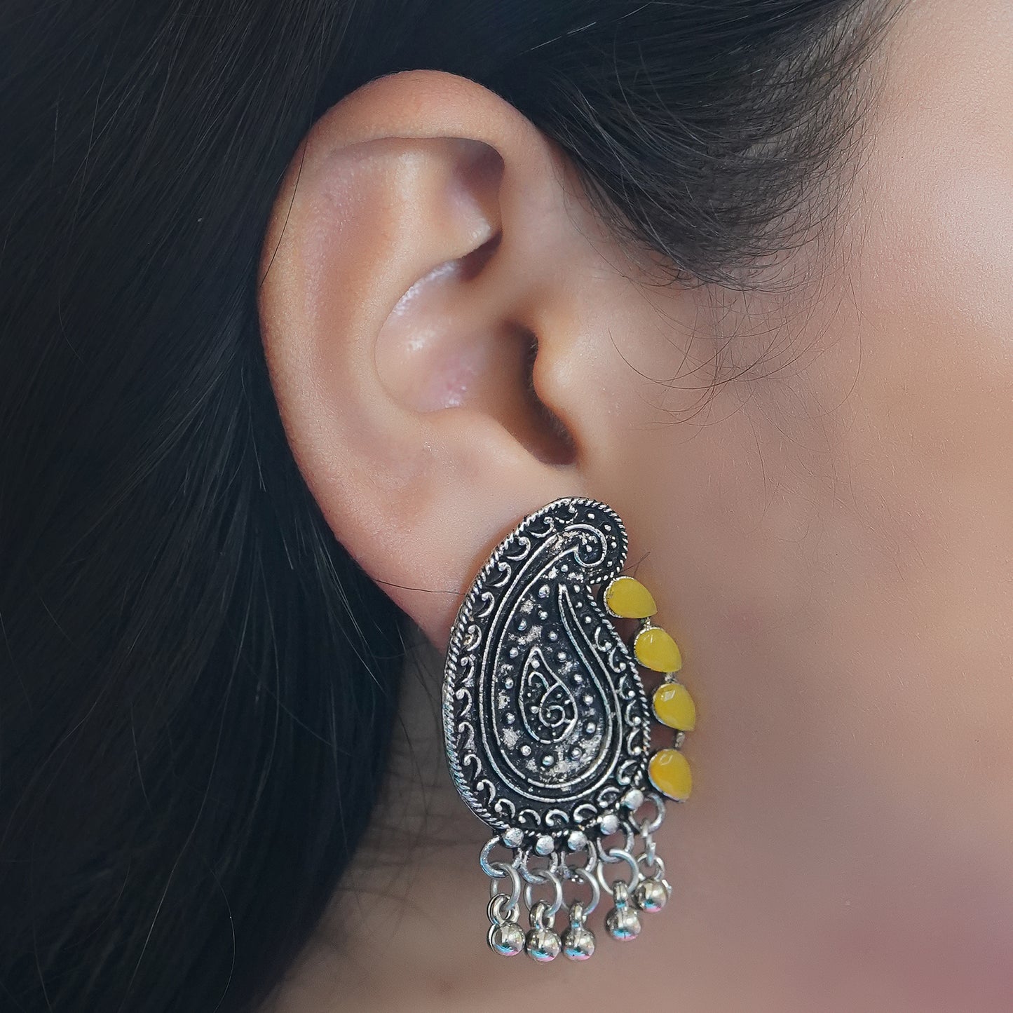 Yellow Stone Studded Oxidised Earrings