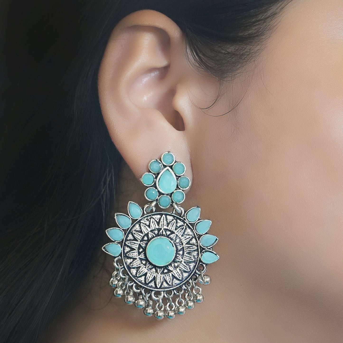 Mint Stone Studded Oxidised Earrings