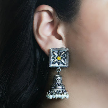 Yellow Stone Studded Oxidised Earrings With Hanging Pearls