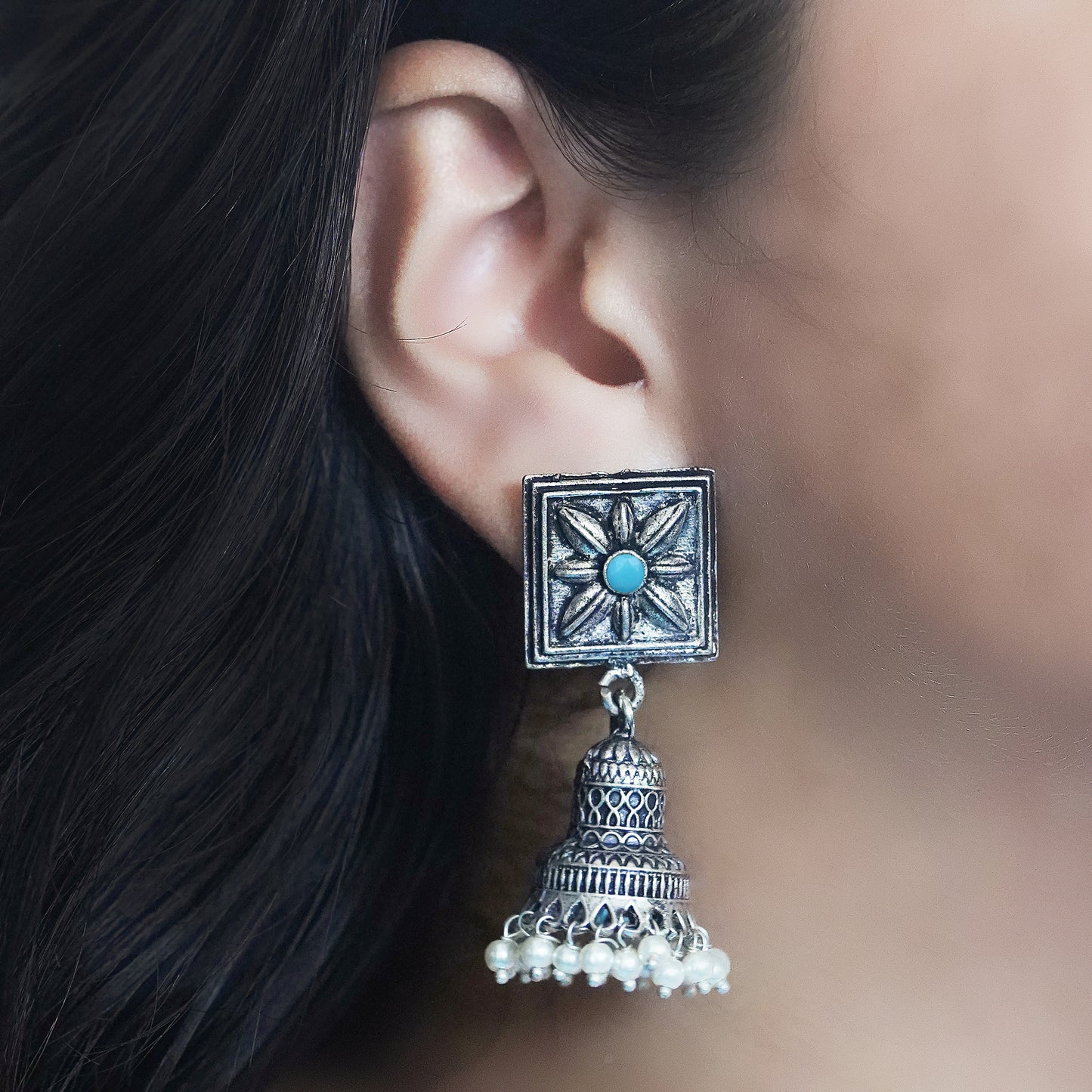 Sky Blue Stone Studded Oxidised Earrings With Hanging Pearls