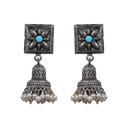 Sky Blue Stone Studded Oxidised Earrings With Hanging Pearls