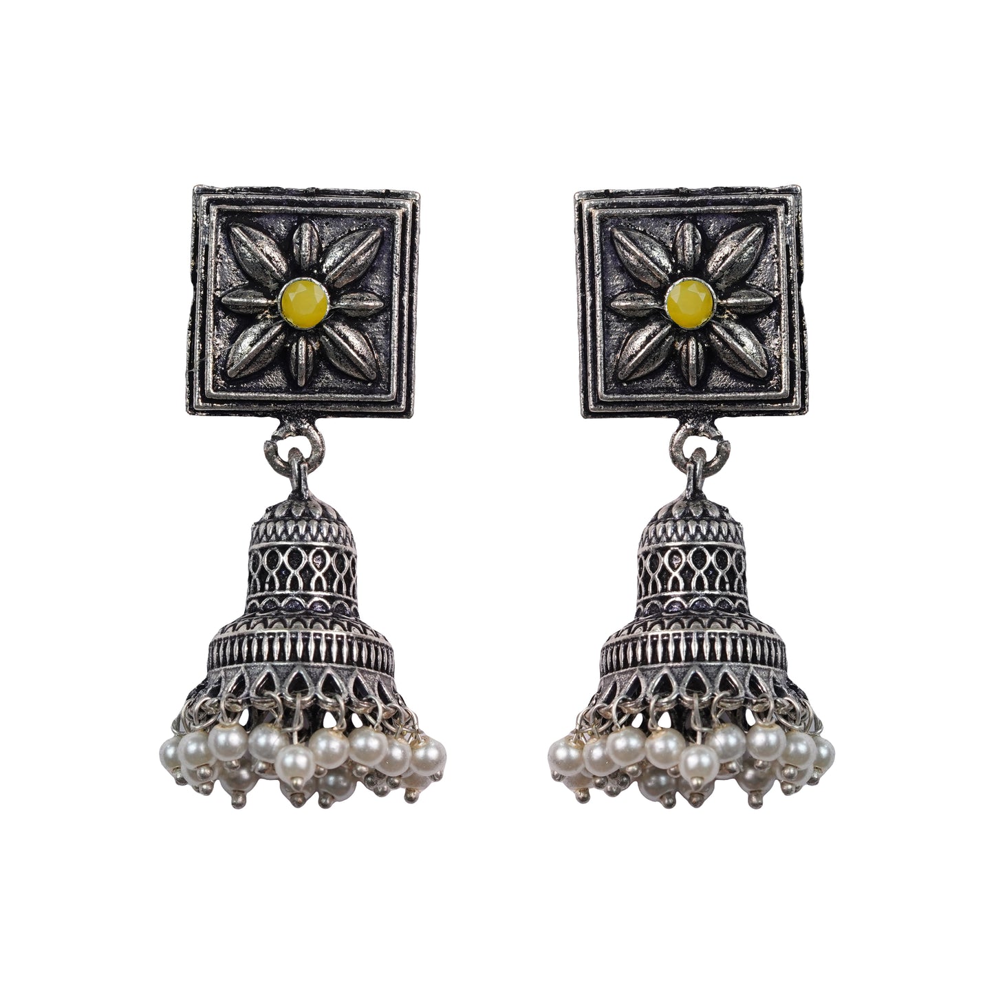 Yellow Stone Studded Oxidised Earrings With Hanging Pearls