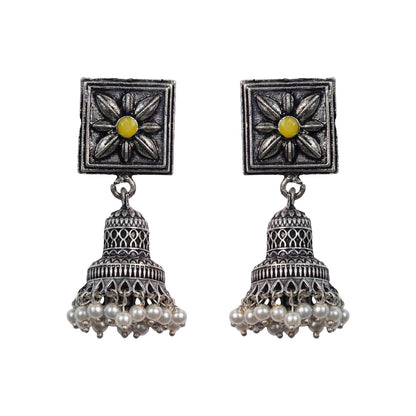 Yellow Stone Studded Oxidised Earrings With Hanging Pearls