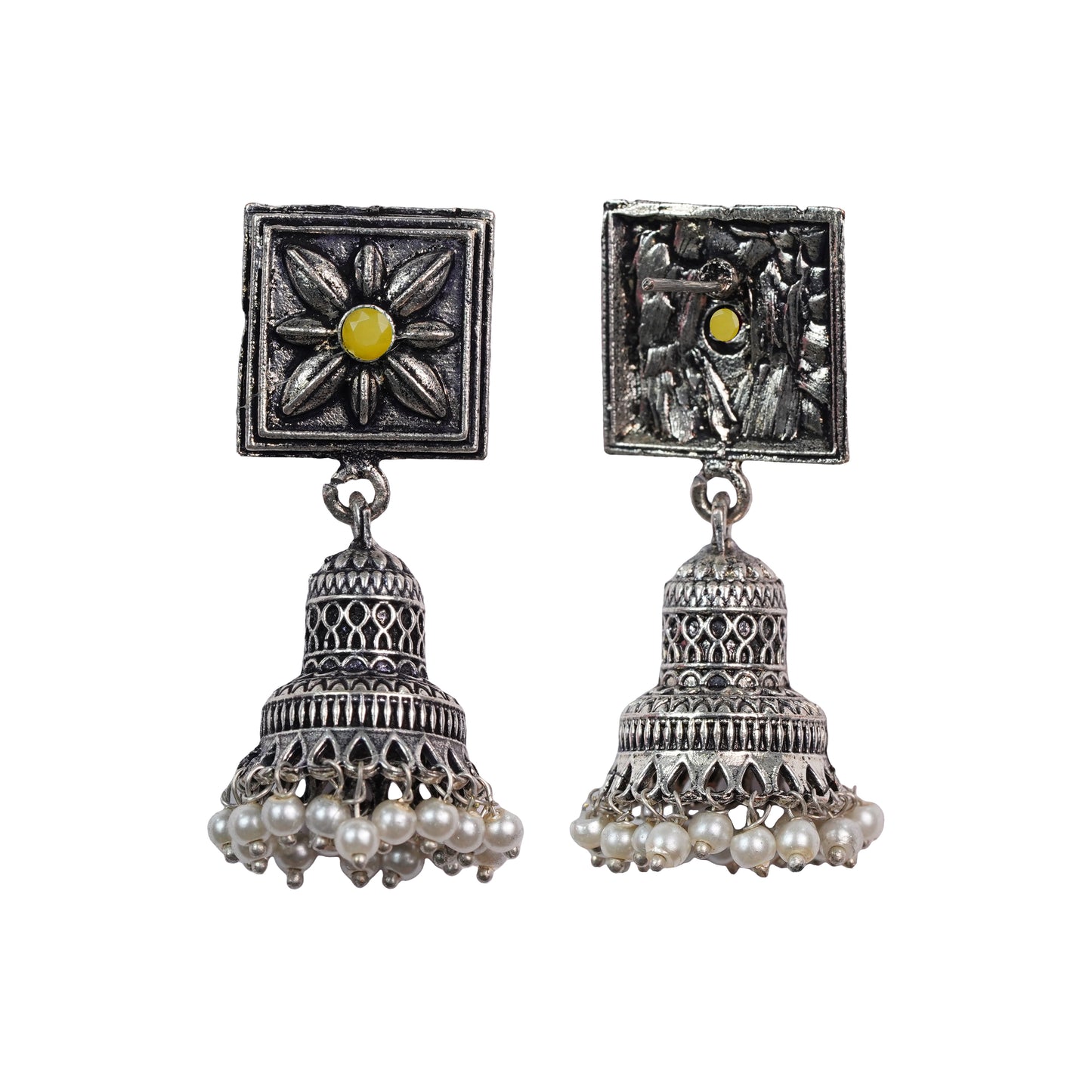 Yellow Stone Studded Oxidised Earrings With Hanging Pearls