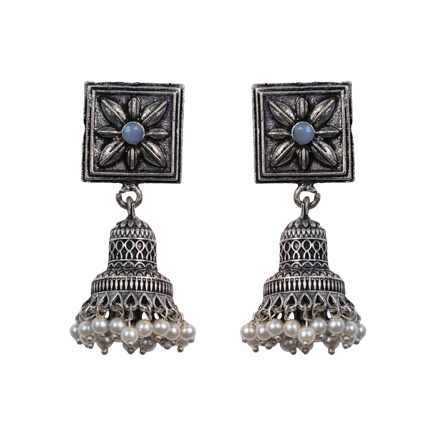 Gray Stone Studded Oxidised Earrings With Hanging Pearls