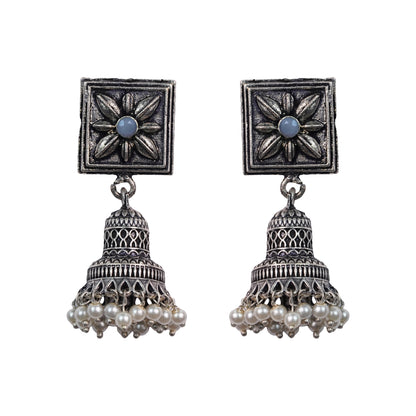 Gray Stone Studded Oxidised Earrings With Hanging Pearls