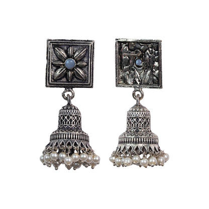 Gray Stone Studded Oxidised Earrings With Hanging Pearls
