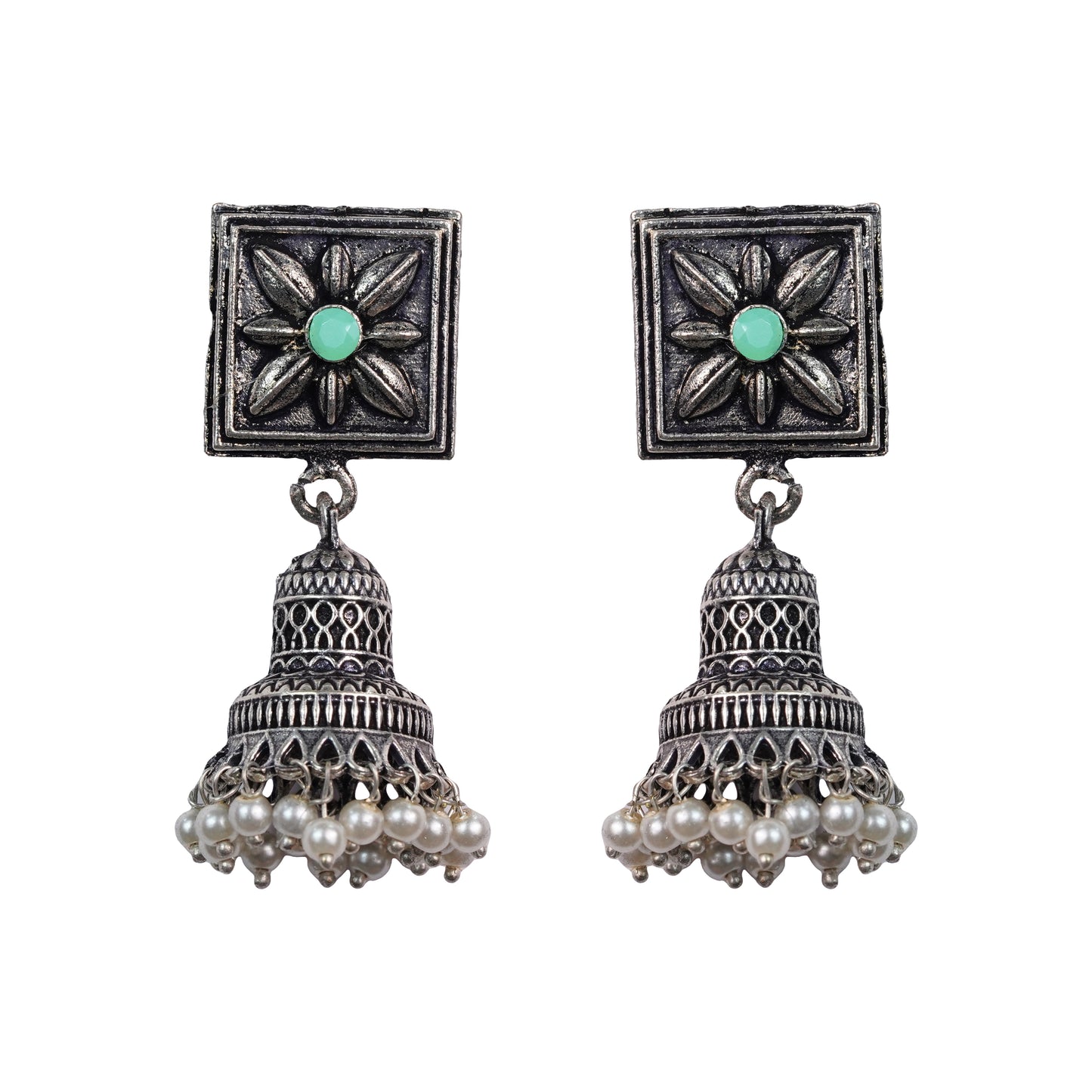 Pista Stone Studded Oxidised Earrings With Hanging Pearls