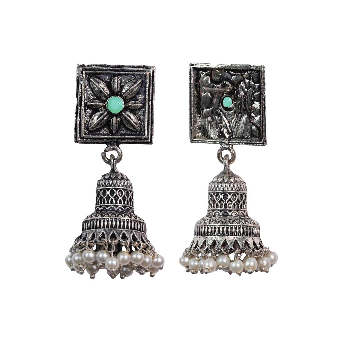 Pista Stone Studded Oxidised Earrings With Hanging Pearls