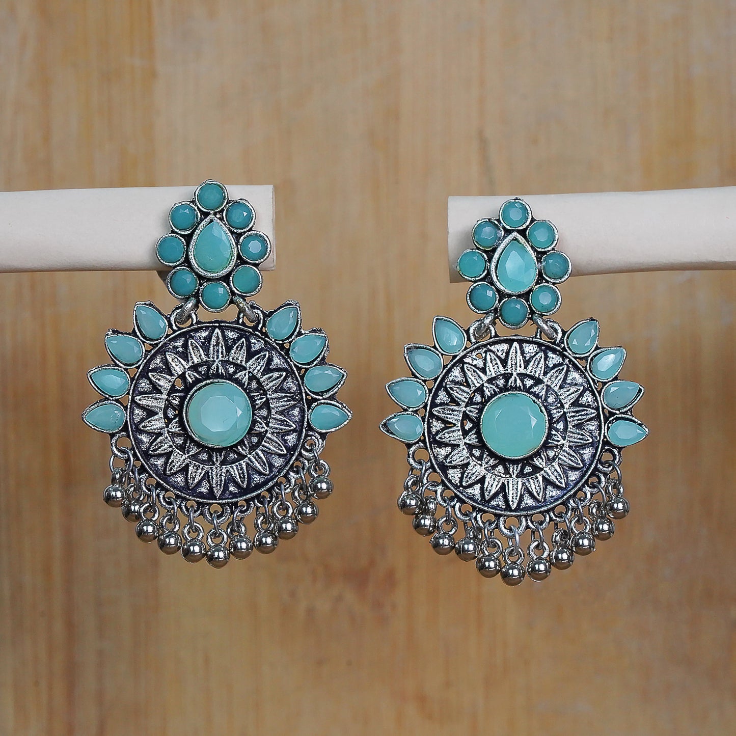 Mint Stone Studded Oxidised Earrings