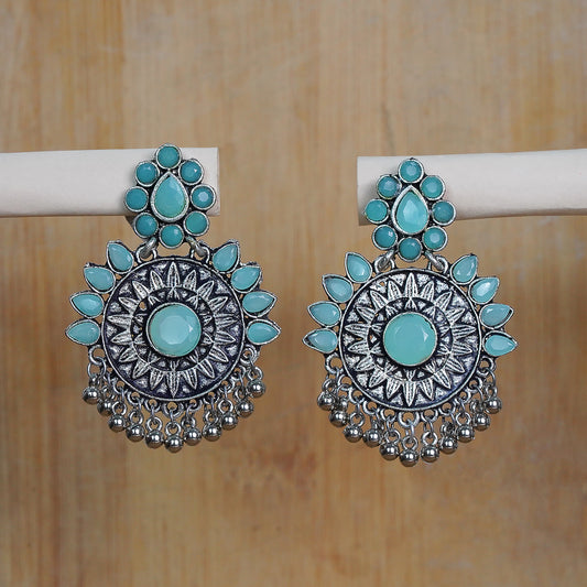 Mint Stone Studded Oxidised Earrings