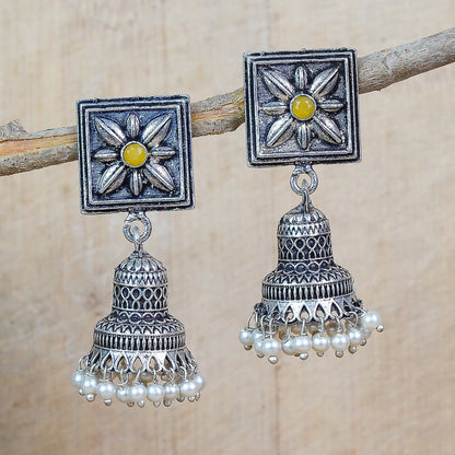 Yellow Stone Studded Oxidised Earrings With Hanging Pearls