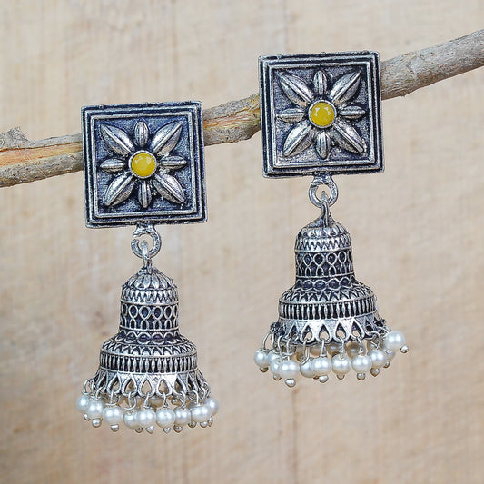 Yellow Stone Studded Oxidised Earrings With Hanging Pearls