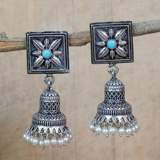 Sky Blue Stone Studded Oxidised Earrings With Hanging Pearls