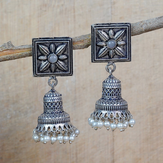 Gray Stone Studded Oxidised Earrings With Hanging Pearls