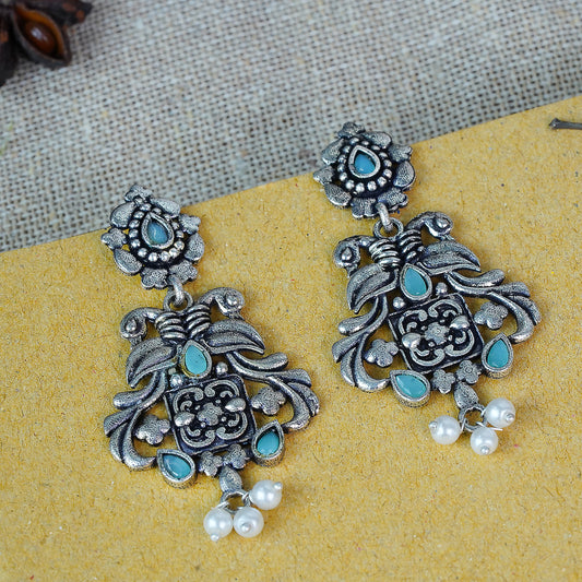 Mint Stone Studded Oxidised Earrings With Hanging Pearls