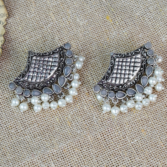 Gray Stone Studded Lotus Petal Shaped Oxidised Earrings With Hanging Line Of Pearl