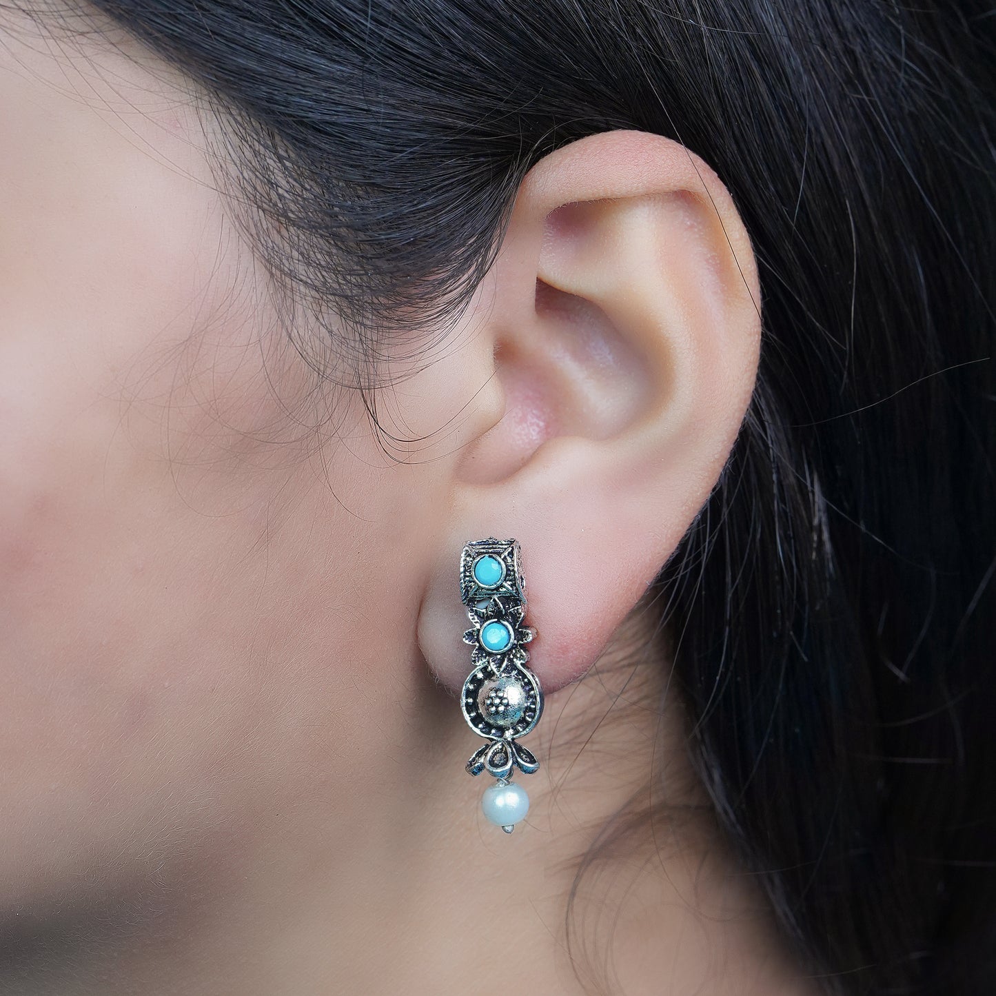 Sky Blue Stone Studded Beautiful Oxidised Studs With Hanging Pearl
