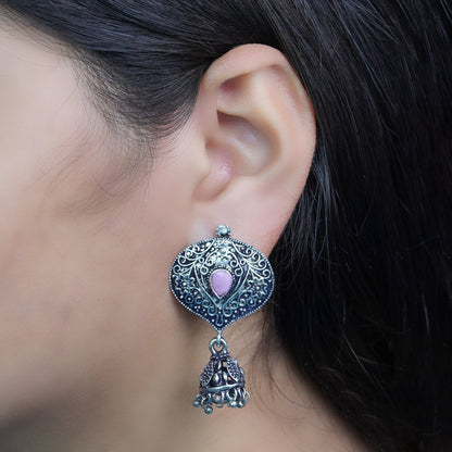 Baby Pink Stone Studded Oxidised Earrings With Hanging Jhumki