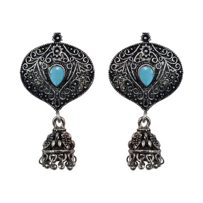Mint Stone Studded Oxidised Earrings With Hanging Jhumki
