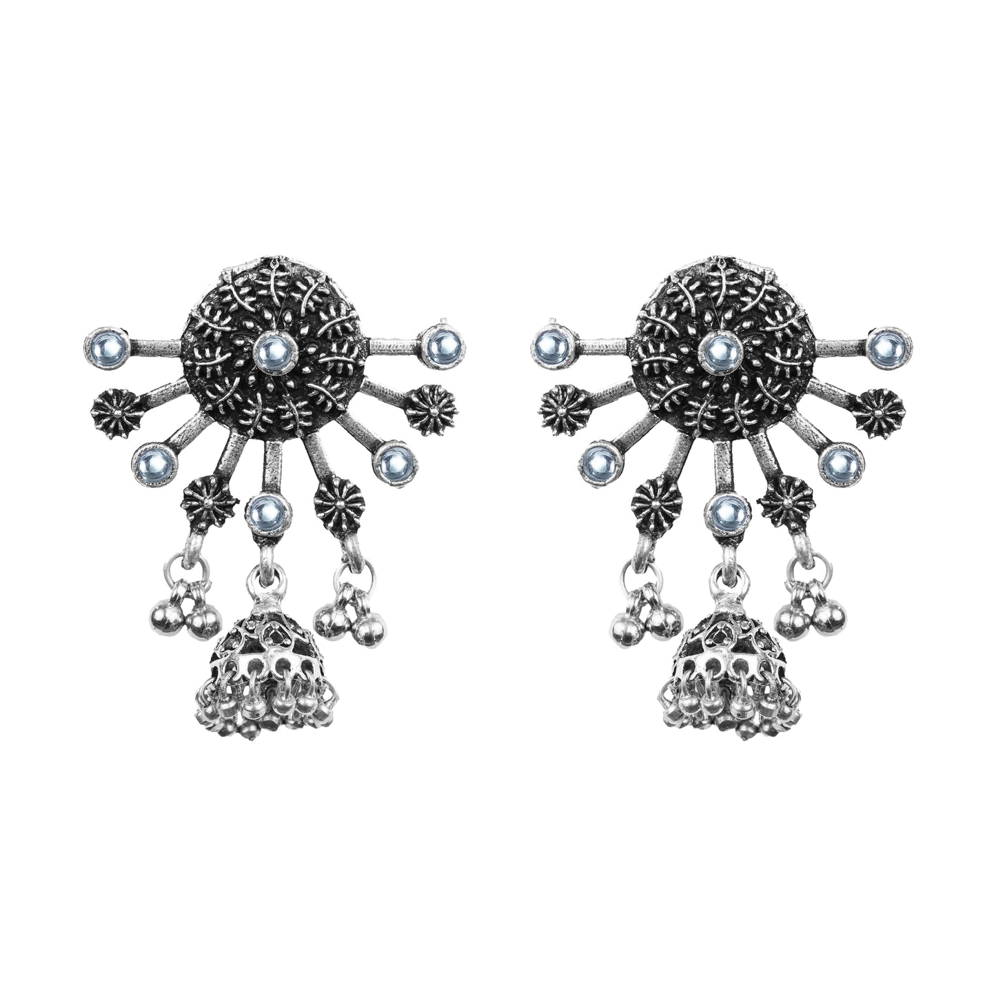 White Stone Studded Semicircular Oxidized Earrings With Hanging Jhumki