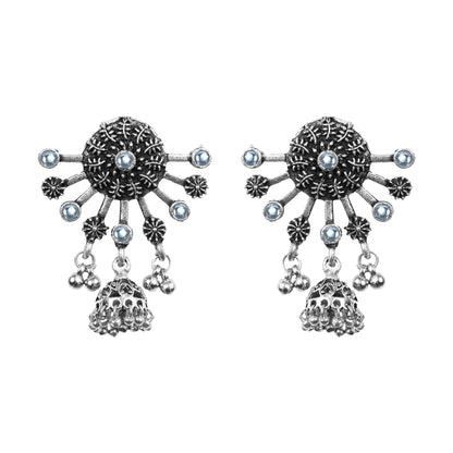 White Stone Studded Semicircular Oxidized Earrings With Hanging Jhumki