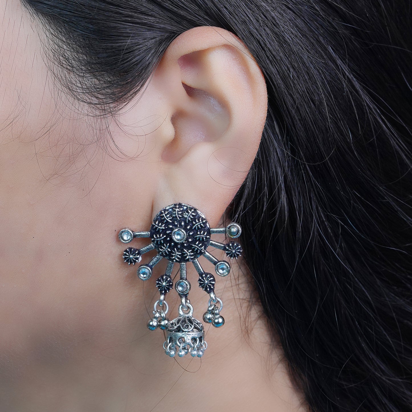 White Stone Studded Semicircular Oxidized Earrings With Hanging Jhumki