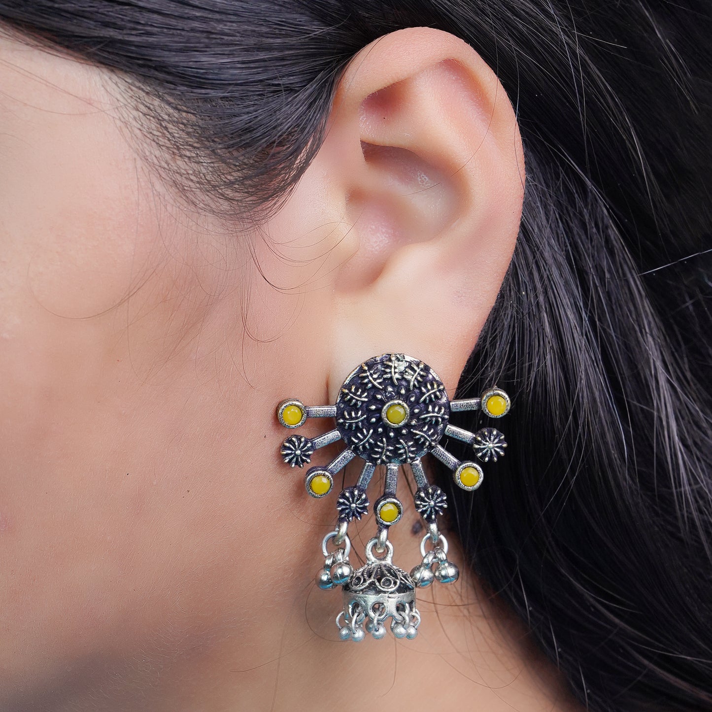 Yellow Stone Studded Semicircular Oxidized Earrings With Hanging Jhumki