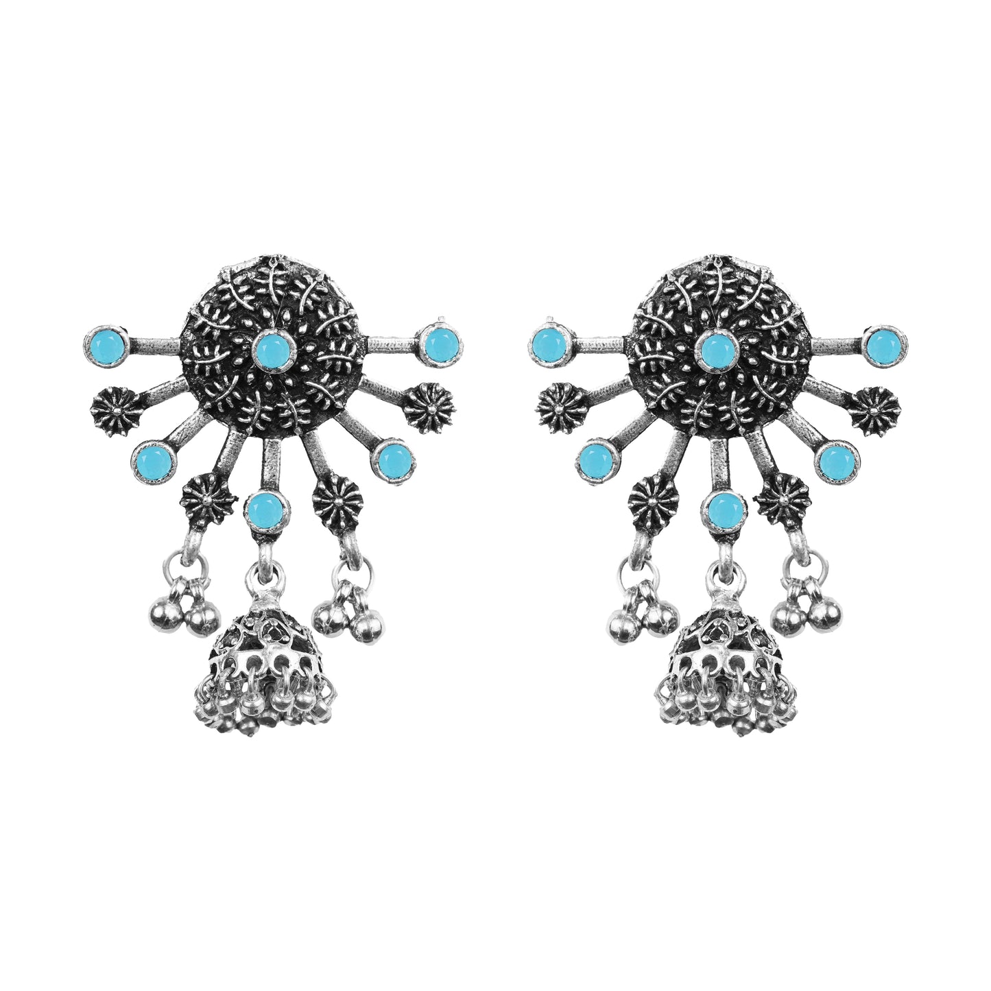 Mint Stone Studded Semicircular Oxidized Earrings With Hanging Jhumki