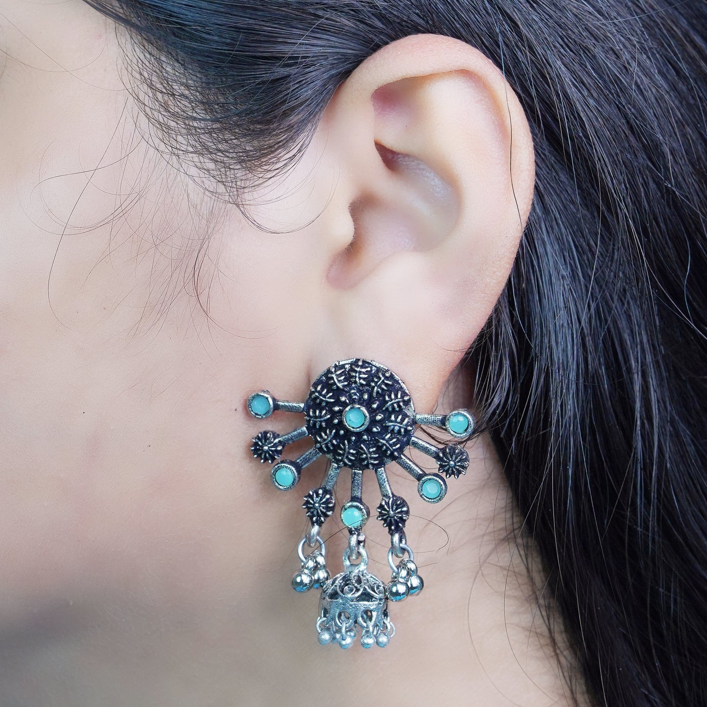 Mint Stone Studded Semicircular Oxidized Earrings With Hanging Jhumki
