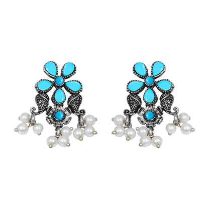 Sky Blue Stone Studded Oxidised Earrings With Hanging Pearl