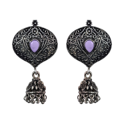 Baby Pink Stone Studded Oxidised Earrings With Hanging Jhumki