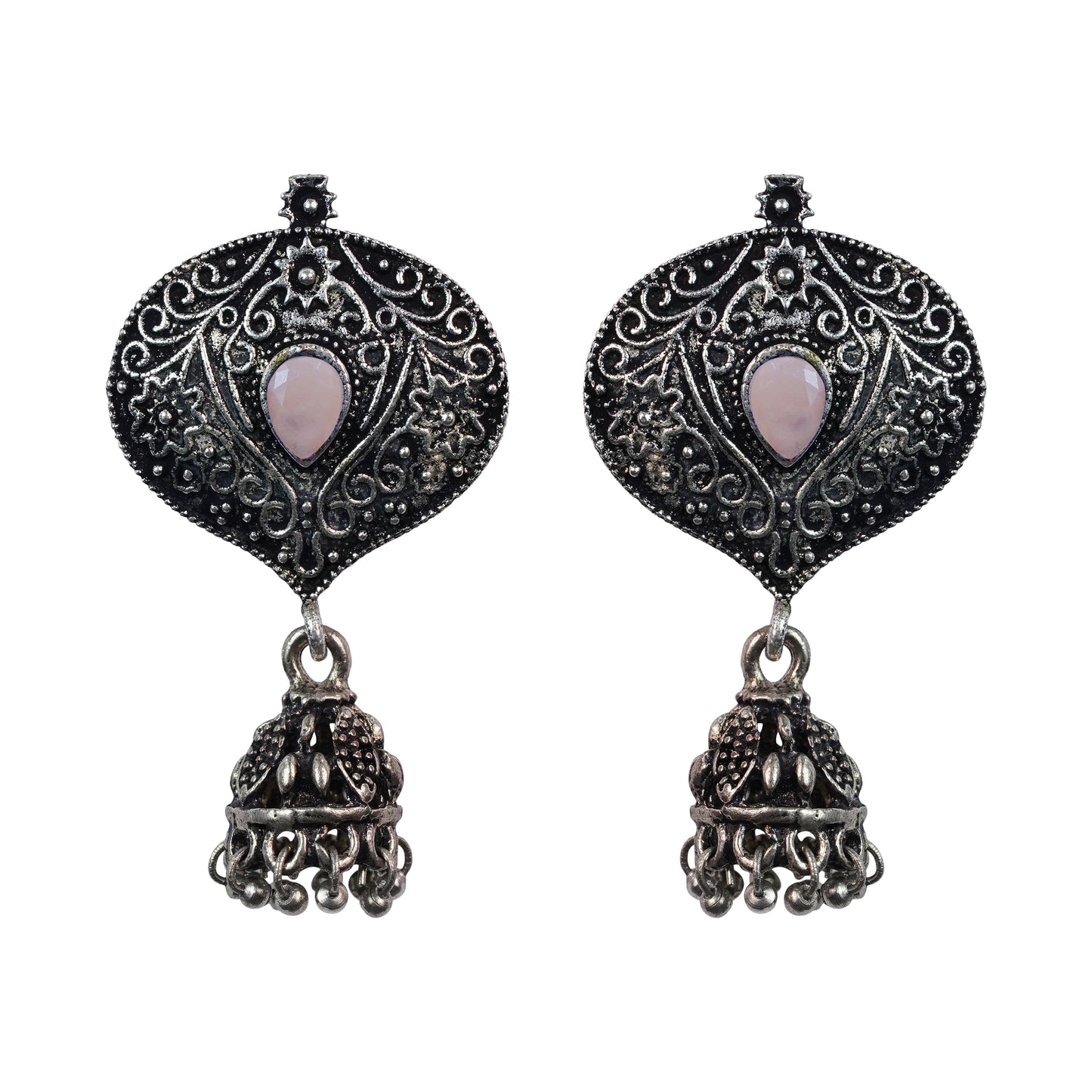 Light Orangish Stone Studded Oxidised Earrings With Hanging Jhumki