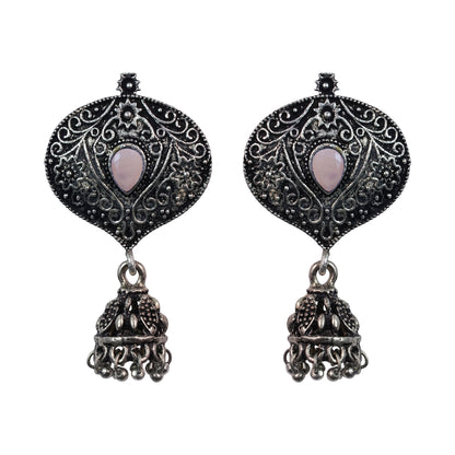 Light Orangish Stone Studded Oxidised Earrings With Hanging Jhumki