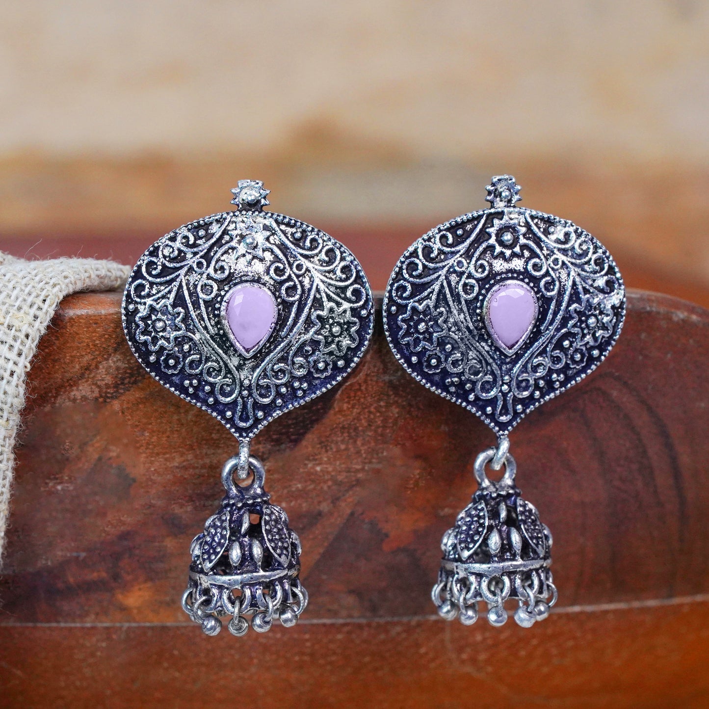 Baby Pink Stone Studded Oxidised Earrings With Hanging Jhumki